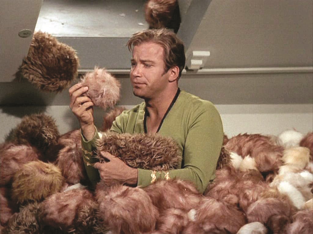 Kirk surrounded by Tribbles Star Trek S02E13 The Trouble with Tribbles
